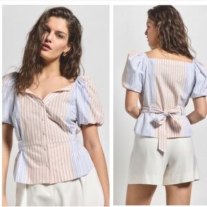 Derek Lam 10 crossby Davina Off The Shoulder
Belted Top Striped Puff Sleeve Sz 2